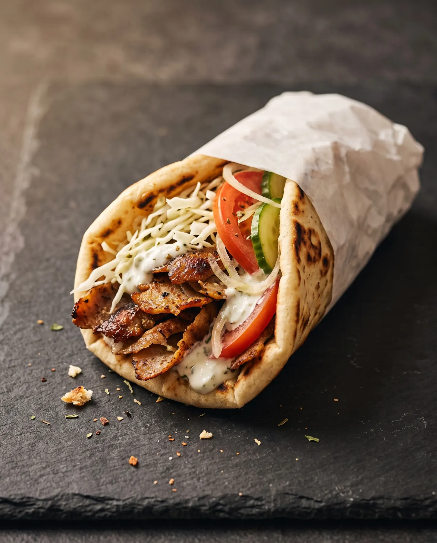 Gyros Pita mit Krautsalat, Tomaten, Gurken, Zwiebeln und Sauce