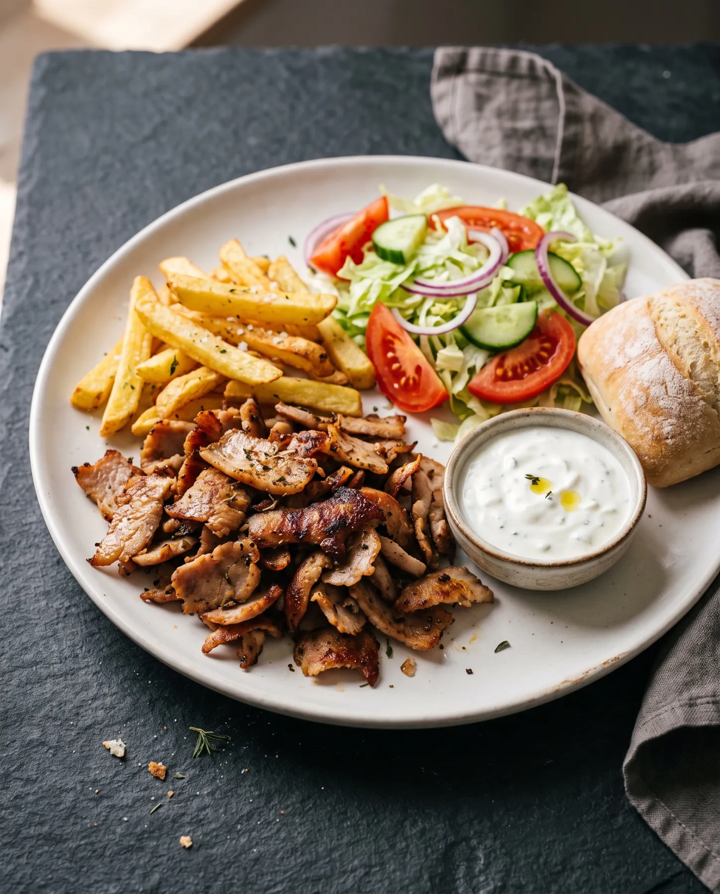 Gyros Teller mit Pommes, Salat und Sauce