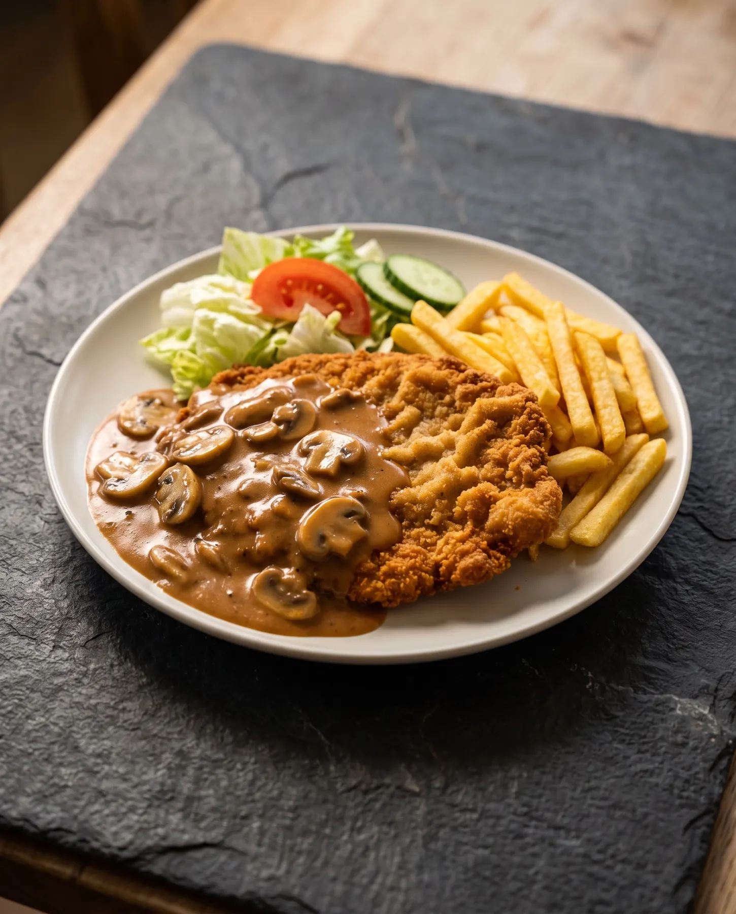 Jägerschnitzel mit Jägersauce, Pommes und Salat