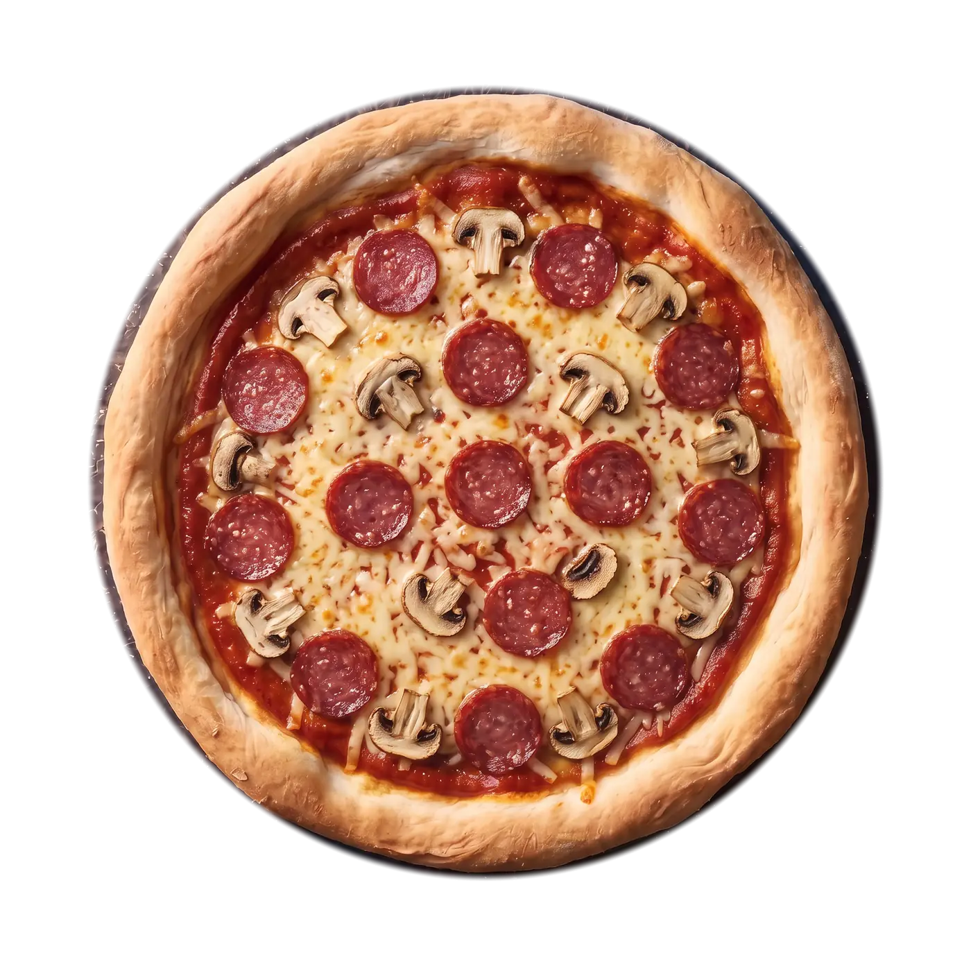 Pizza Funghi Salami mit Tomatensauce, geschmolzenem Gouda, Salami und Champignons